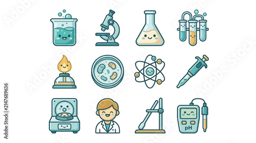 Cute Science Lab Icons Featuring Chemistry, Biology, Research Equipment, and a Friendly Scientist