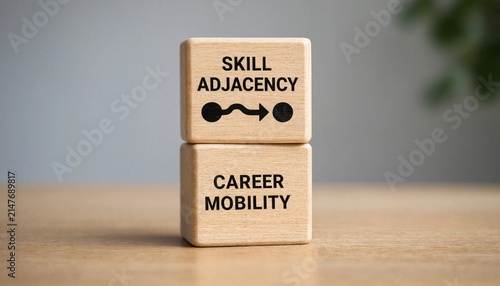 Two wooden blocks illustrating the connection between skill adjacency and career mobility on a light surface