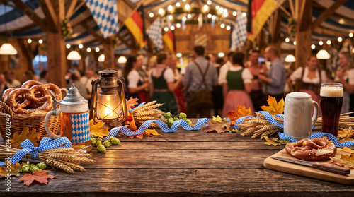 Oktoberfest festival concept with empty wooden table, beer, pretzels and blurred celebrating crowd in background