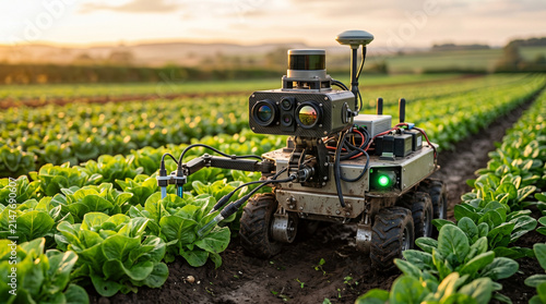Autonomous agricultural robot monitoring leafy green crops in agriculture field at sunset