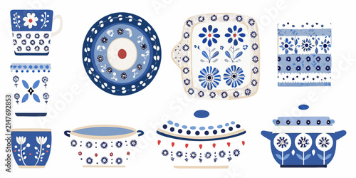 Foto Blue Folk Kitchenware Ceramic Plates Cups And Sugar Bowl Illustration