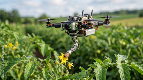 Small agricultural drone with robotic arm pollinating yellow tomato flower in green field