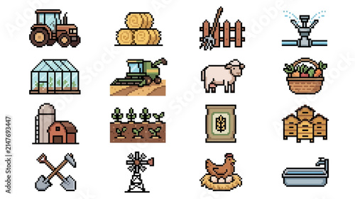 Pixel art farm icons set featuring tractor, greenhouse, combine, animals, crops and tools