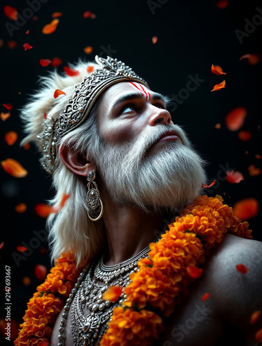 Majestic Hindu mythological king with silver crown, marigold garland, and falling rose petals in a cinematic digital art portrait