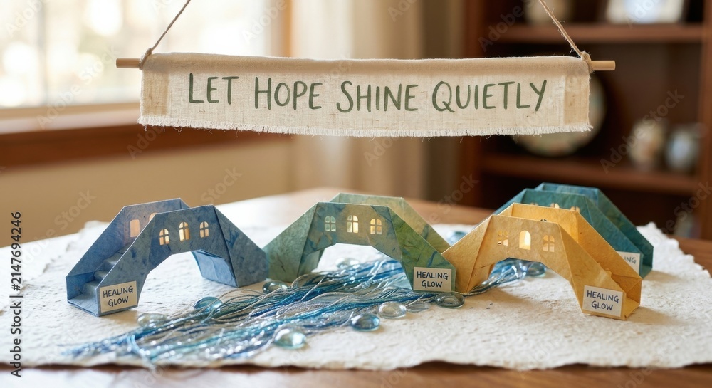 Fototapeta premium Handmade Paper Bridges Adorned with Lights Under a Hopeful Banner