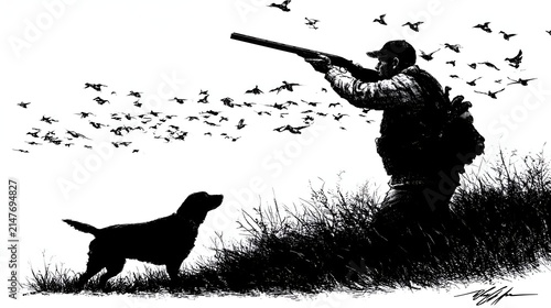 Hunter aims shotgun at flock of birds with dog in foreground during hunt