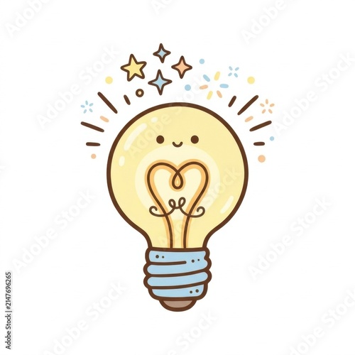 Cartoon light bulb with heart shape filament and smiling face