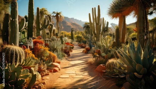 Desert garden with cacti plants pathway.