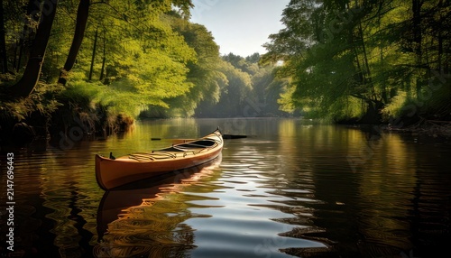 Canoe on serene river surrounded by trees.