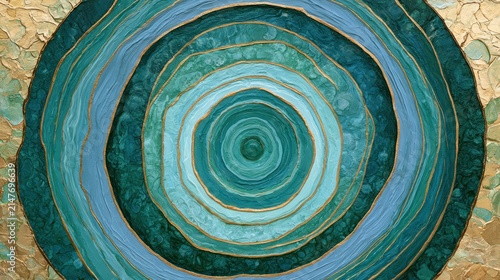 Concentric circles abstract textured artwork with teal blue and gold hues