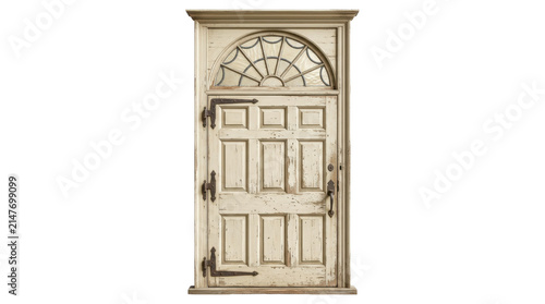 A vintage white wooden door with a classic arched transom window, captured in a clean studio shot with a rustic, timeless aesthetic.