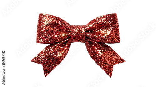 A diagonal row of three sparkling red glitter bows isolated on a white background, creating a festive atmosphere.