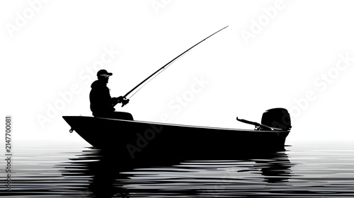 Silhouette of a person fishing from a boat on the water at sunrise or sunset