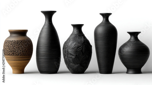 Collection of Five Decorative Black and Brown Ceramic Vases