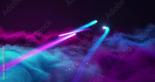 Vibrant purple and cyan nebulous clouds drift through deep space as sparkling particles ignite in this mesmerizing motion animation for high quality digital visual media displays.