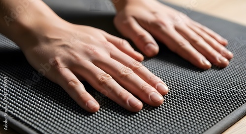 Close up of a person checking the quality of a grey textured mat with their hands.