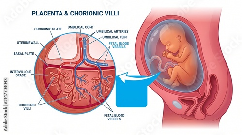Medical illustration of human placenta and chorionic villi structure in uterus