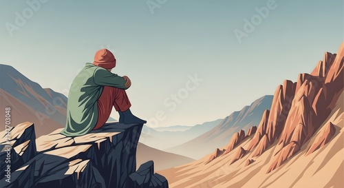 A lonely traveler sits on a rocky cliff overlooking a vast desert canyon landscape.