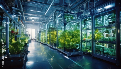 Indoor hydroponic plant farm facility interior.