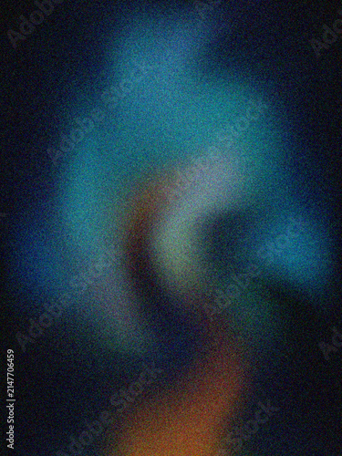 Dark abstract with swirling blue, green, and orange hues and a grainy texture