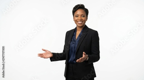 Smiling young african american businesswoman wearing a professional black suit gesturing with hands in a presentation pose isolated on white background