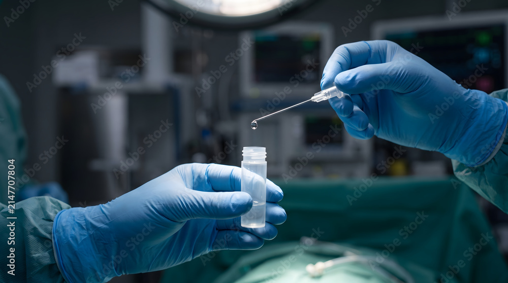Fototapeta premium Surgeon Hands in Blue Gloves Performing Medical Procedure.