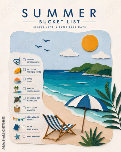 Summer Bucket List Paper Cut Beach Vacation Illustration
