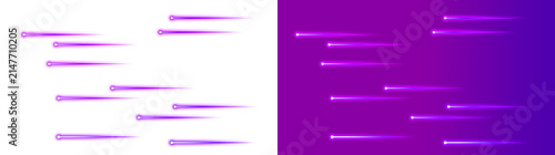 Glowing purple comet light streaks set on transparent background isolated neon speed trails
