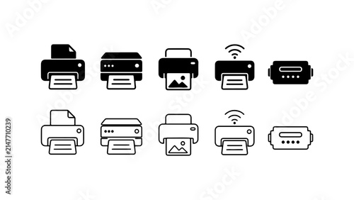 Printer Icon Set in Black Silhouette and Outline Style Vector