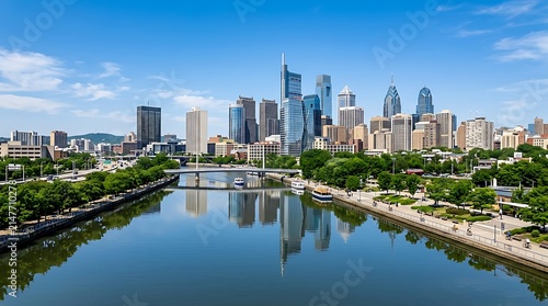 Philadelphia skyline reflecting in schuylkill river on sunny day, pennsylvania, usa