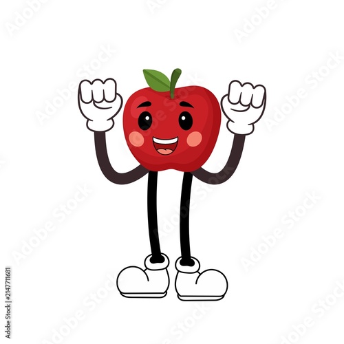 Cute Happy Red Apple Cartoon Character with Raised Fists