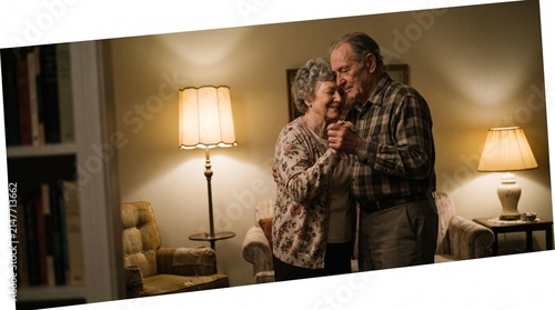 Elderly couple dancing affectionately in a cozy living room at night