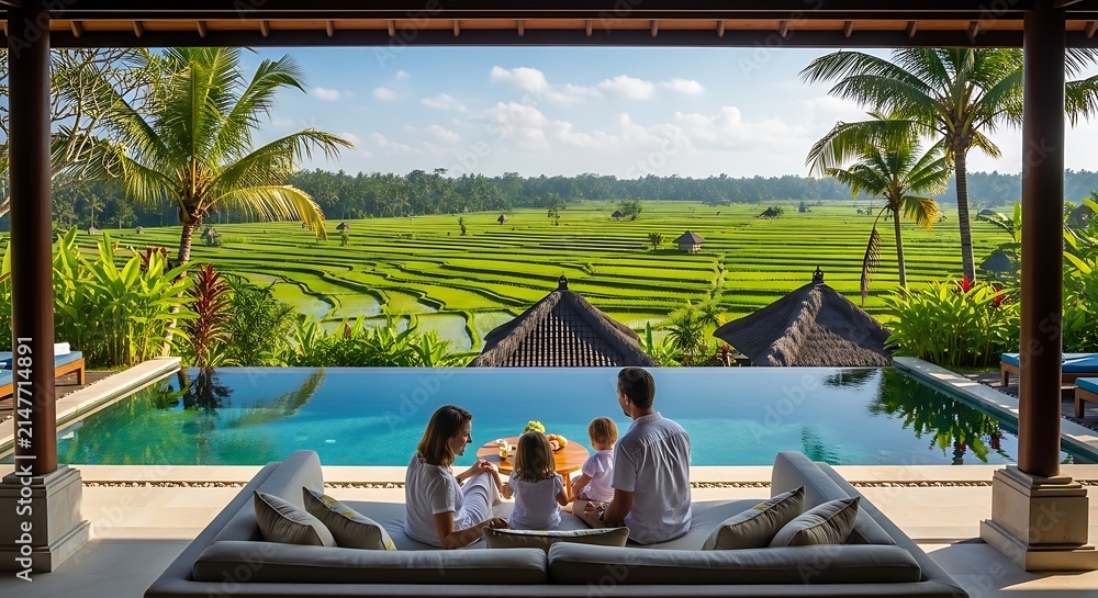 Obraz premium A family relaxes by a stunning infinity pool at a tropical villa, with breathtaking views of vibrant green rice paddies and palm trees.