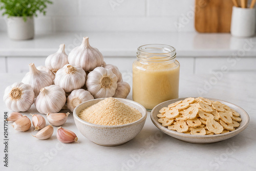 Garlic Processing into Garlic Powder, Dried Garlic and Garlic Paste, Food Production Concept