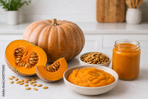 Pumpkin Processing into Pumpkin Puree, Roasted Pumpkin Seeds and Pumpkin Spread, Food Production Concept