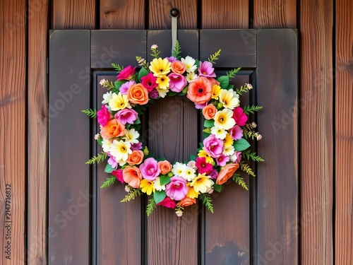 Whimsical floral wreath adorns rustic wooden door, Leaves, Floral Wreath