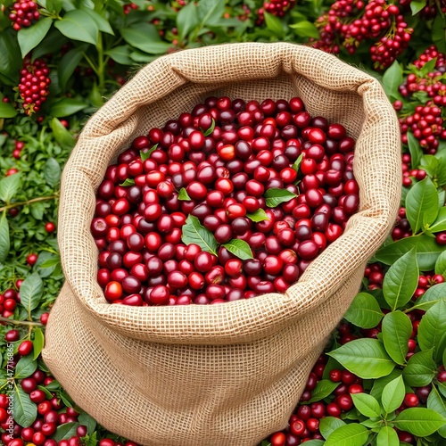 Burlap sack overflowing with vibrant red coffee cherries, awaiting processing on a lush green coffee farm bed, cherry, ripe