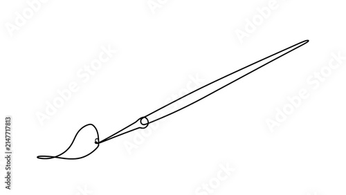 Hand drawn sewing needle with thread white background.