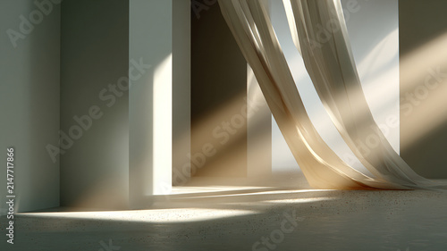 Sun rays, minimalist, living room, curtain, window, shadow, beige interior with soft light across calm modern empty space