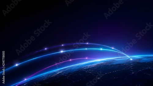 International data transmission arcs crossing planet earth at night illustrating global telecommunications and high speed internet satellite connectivity