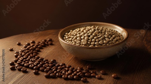 Rough Dark Coffee Beans Scattered Beside Light Beige Bowl of Peas on Wooden Table