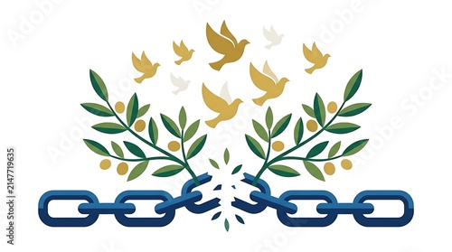 Broken blue metal chains transforming into green olive branches and flying gold doves symbolizing peace and freedom