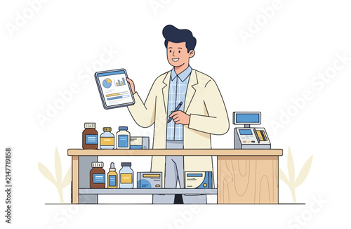 Pharmacist holding digital tablet with health data near display shelf with medication