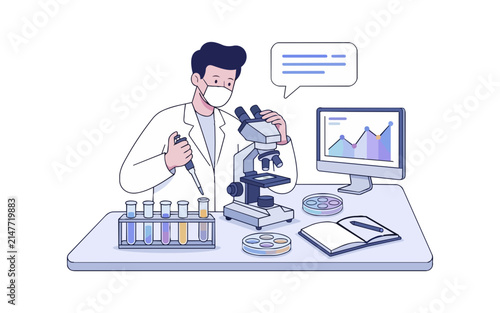 Scientist performing research with microscope and test tubes