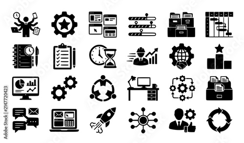 Multitask Icon Set Isolated Silhouette with Productivity Workflow Time Management and Business Symbols EPS10