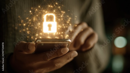 Smartphone security concept with glowing lock graphic
