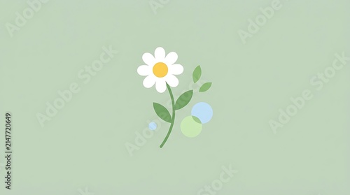 Minimalist flat design illustration of a white daisy flower with green leaves on a pastel background