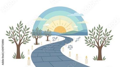 Peaceful vector illustration of a winding stone pathway lined with candles and trees leading toward a bright rising sun