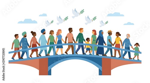 A diverse group of multicultural people holding hands while crossing a bridge together to symbolize peace and global unity.
