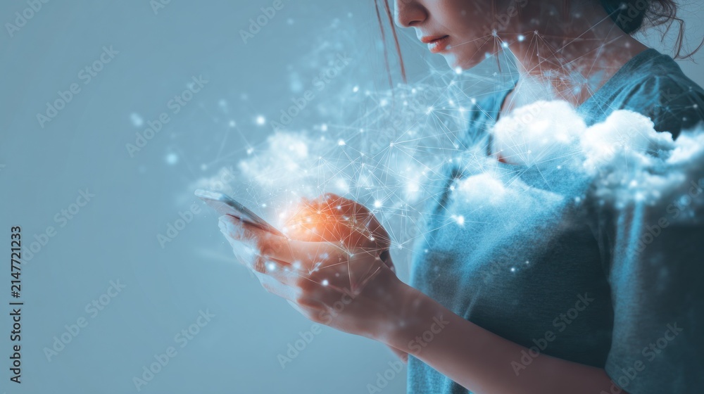 Fototapeta premium Woman using smartphone with digital cloud concept